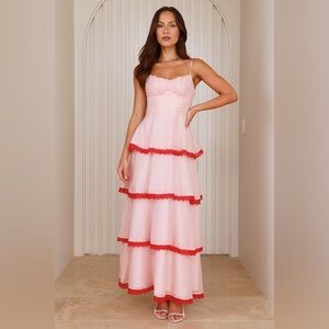 Hello Molly Blush Pink Tiered Maxi Dress with Red Lace